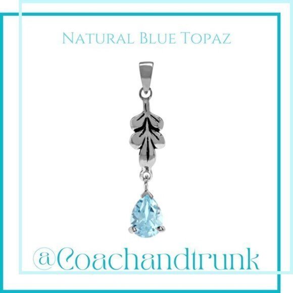 925 Sterling Genuine Blue Topaz Drop Leaf Pendant NWT - Picture 1 of 11